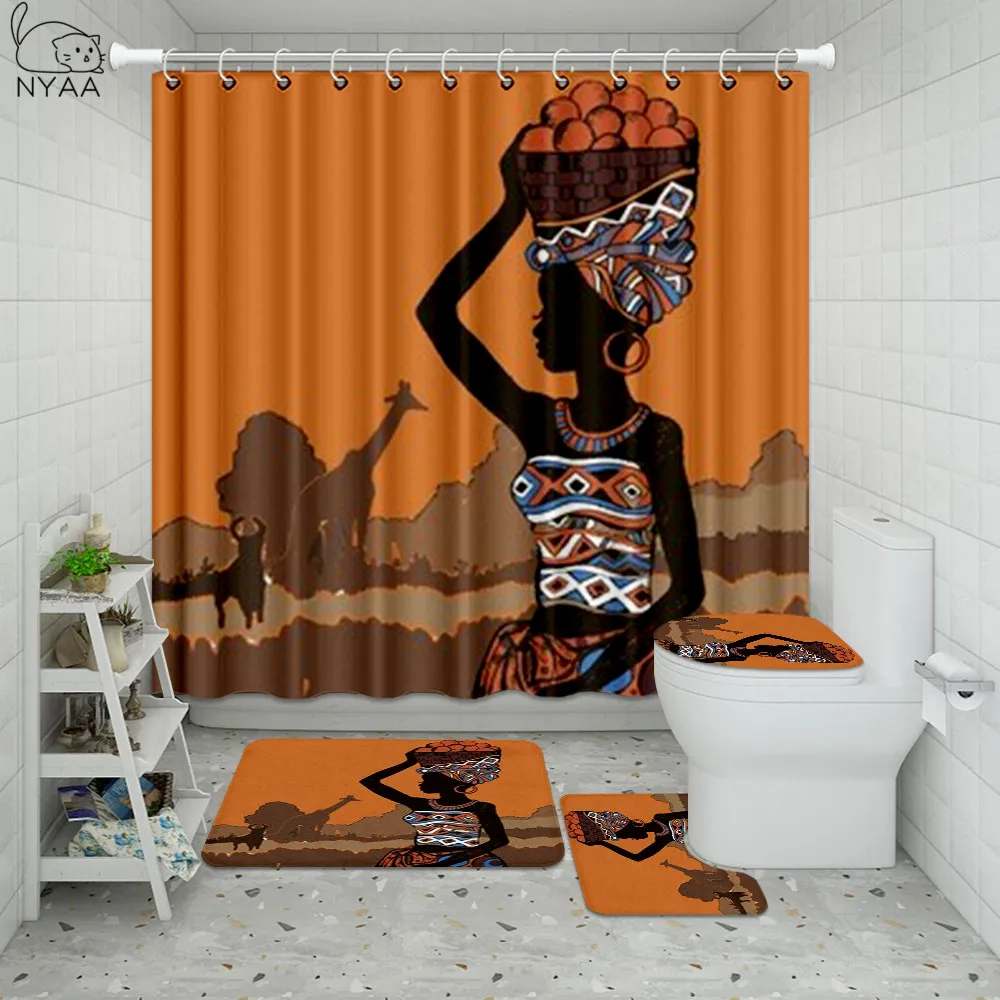 Beste Nyaa Afro-amerikaanse Vrouwen Met Kroon Duurzaam Waterdicht Douchegordijn Set Met Afro Afrika Meisje Antislip Badkamer Mat Tapijten