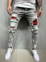 fashion man elastic waist patchwork jogging denim trousers men quilted embroidered skinny jeans ripped grid stretch denim pants