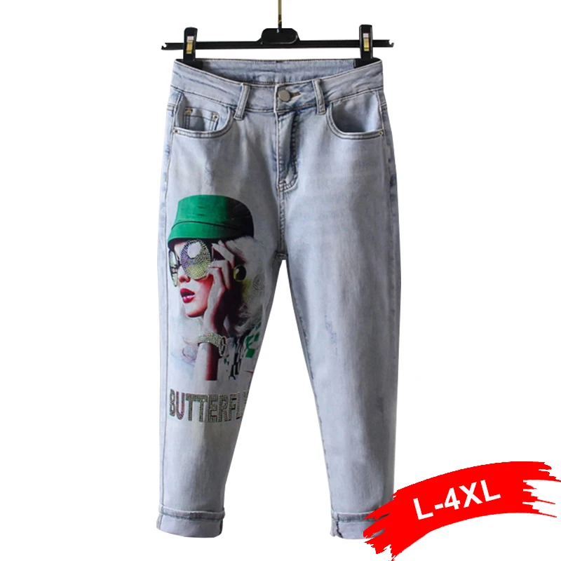 Размер плюс проблемная Многоцветная Картина с манжетами капри джинсы 4XL Летняя