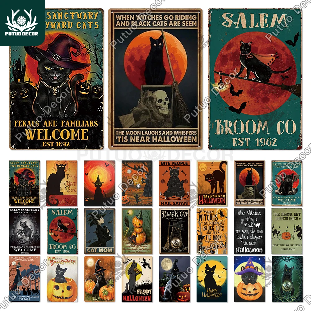 Putuo декор Хэллоуин Черный кот винтажный металлический знак табличка жестяной для