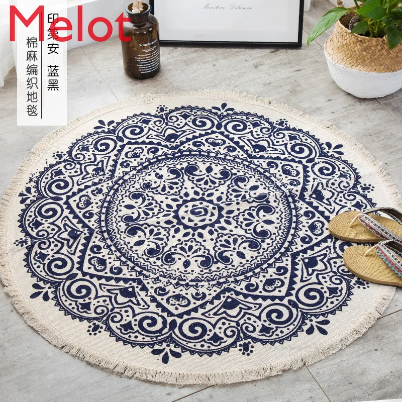 

Linen round Carpet Vintage Hanging Basket Floor Mat Bedroom Living Room Sofa Coffee Table Cushion round Carpet Bedside Blanket