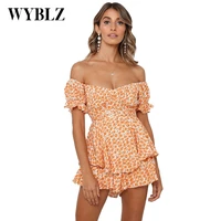 off shoulder lantern sleeve womens jumpsuit sexy ruffle printing lace up female rompers 2021 summer fashion sweet lady clothes
