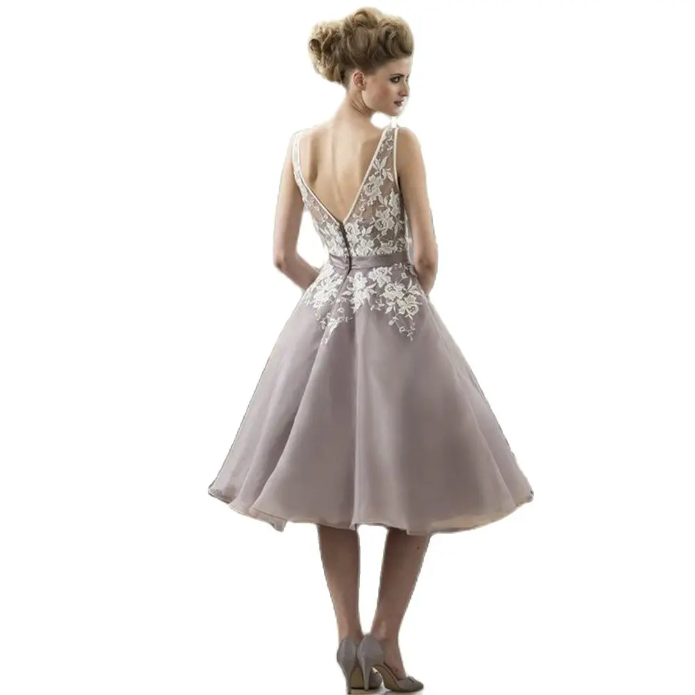 Женское Тюлевое платье до колен пыльное с белым кружевом V-образным вырезом на