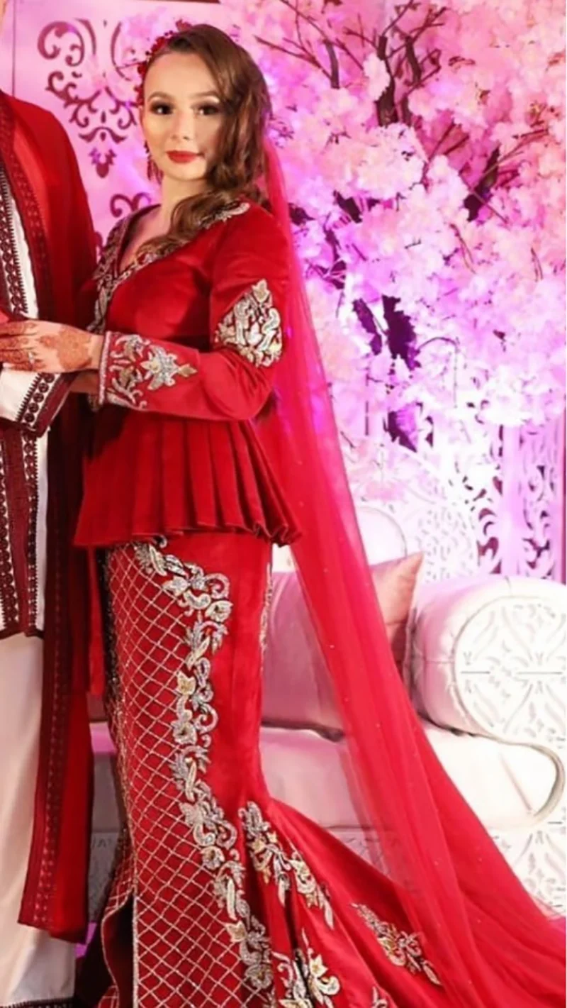 Smileven Red Mermaid Moroccan caftan Evening Dress Velvet Long Sleeve Applique Gowns Formal Party | Свадьбы и торжества