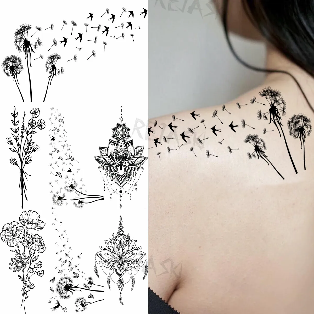 

Dandelion Sexy Shoulders Temporary Tattoos For Women Adult Bouquet Pendant Realistic Fake Tattoo Body Art Decoration Tatoo Paper