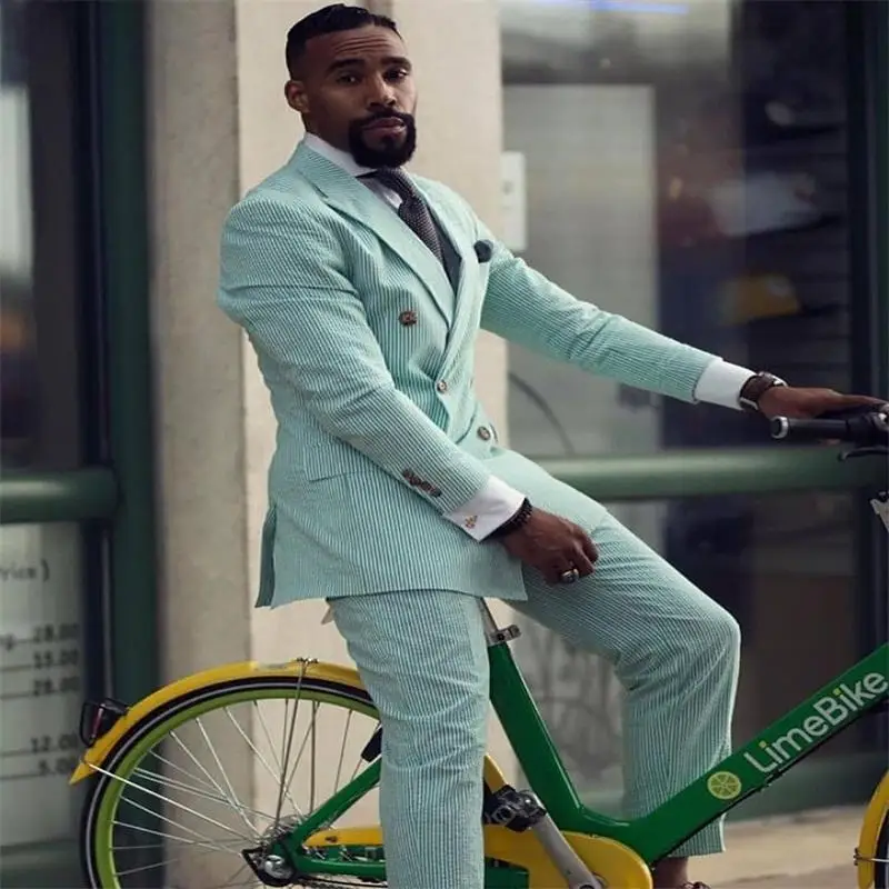 

Зеленые пляжные свадебные смокинги Pinstripe из 2 предметов с пиковым отложным воротником, официальный костюм для выпускного вечера, вечерний б...