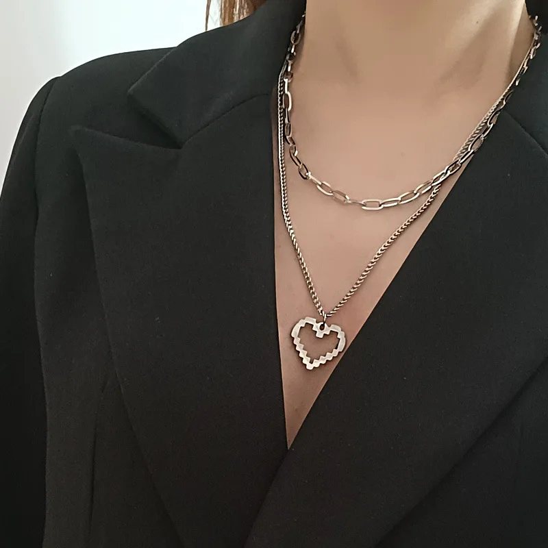 

Fashion Jewelry Mosaic Heart-shaped Double Necklace Female Personality Hip Hop Net Red Wind Simple Love Pendant Accessories