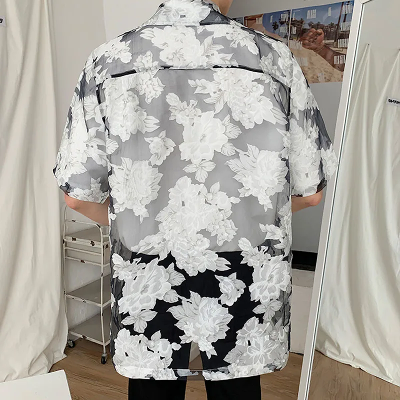 

Translucent Men Summer Organza Short Sleeve Casual Shirt Coat Male Streetwear Vintage Fashion Loose Shirts Sunscreen Jacket