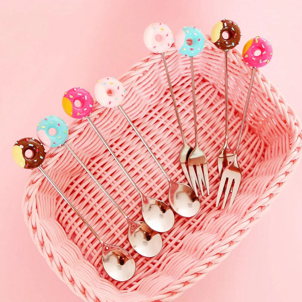 

Creative Household Fruit Donuts Cute Stainless Steel Dessert Spoon Cute Cake Fork Fruit Fork Coffee Cpoon Baby Tableware