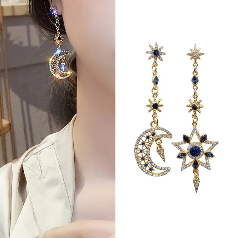 NEW Shiny Rhinestone Asymmetric Earrings Temperament Long Five-Pointed Star Moon Personality Female Trend Korean | Украшения и