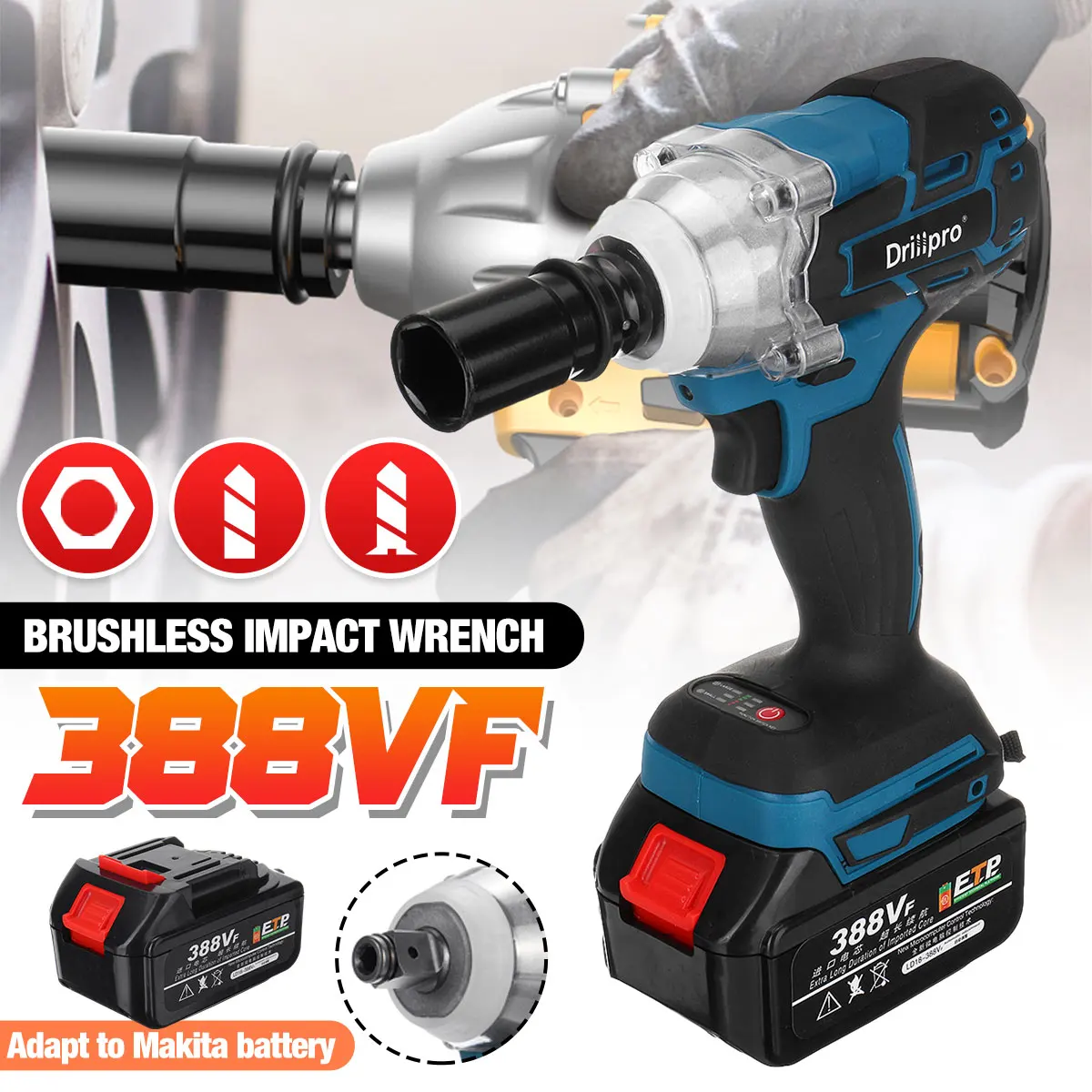 

388VF 520N.m Brushless Cordless Electric Impact Wrench 1/2 inch Power Tools 15000Amh Battery +Sleeve Adapt to Makita 18V Battery
