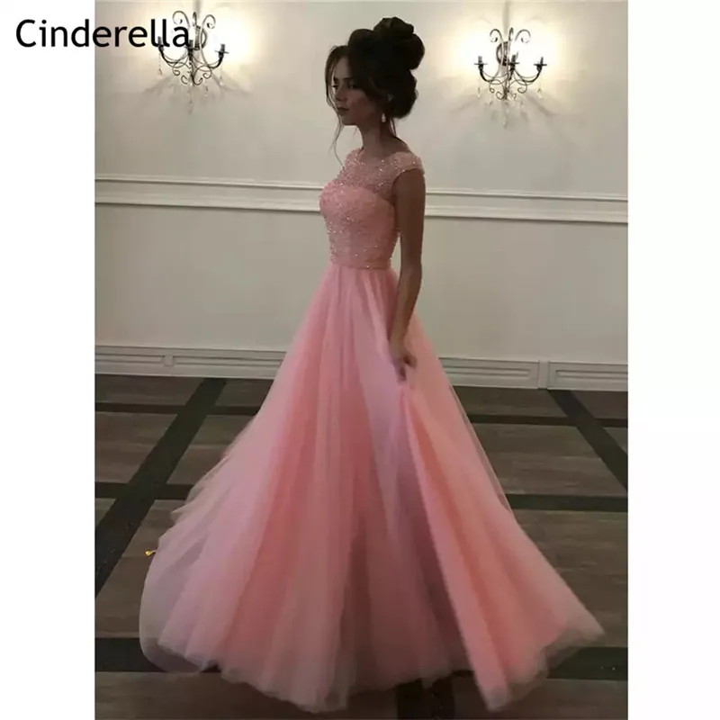 

Pink Prom Dresses Scoop Sleeveless Floor Length A-Line Soft Tulle Crystal Beading Prom Dresses vestidos de fiesta de noche