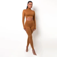 pants suit women autumn solid color commuter sexy tight fitting backless high waist round neck long sleeved two piece pant sets