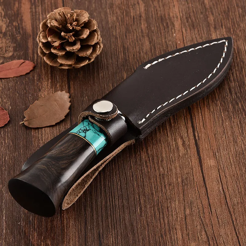

Dropship Ebony Handle Straight Knife Tactical Knife Damascus Steel Fixed Blade Hunting Knife With Leather Case Camping Tool