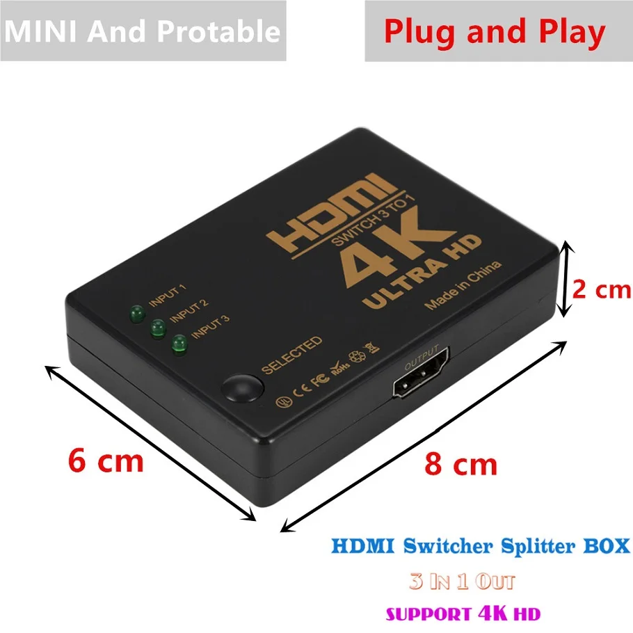 PzzPss HDMI переключатель коробка 3x1 мини разветвитель Sup Порты и разъёмы 4K HD 1080P видео 3