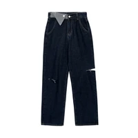 2022 fashion high waist ripped womens jeans wide leg patchwork casual button pocket denim pants y2k streetwear autumn