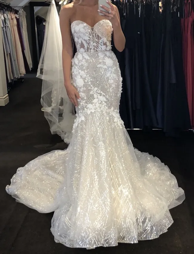 Свадебное платье, лиф сердечком со шлейфом без рукавов Vestido De Noiva белое кружевное с открытой спиной фасона "Русалка" свадебное платье HA106