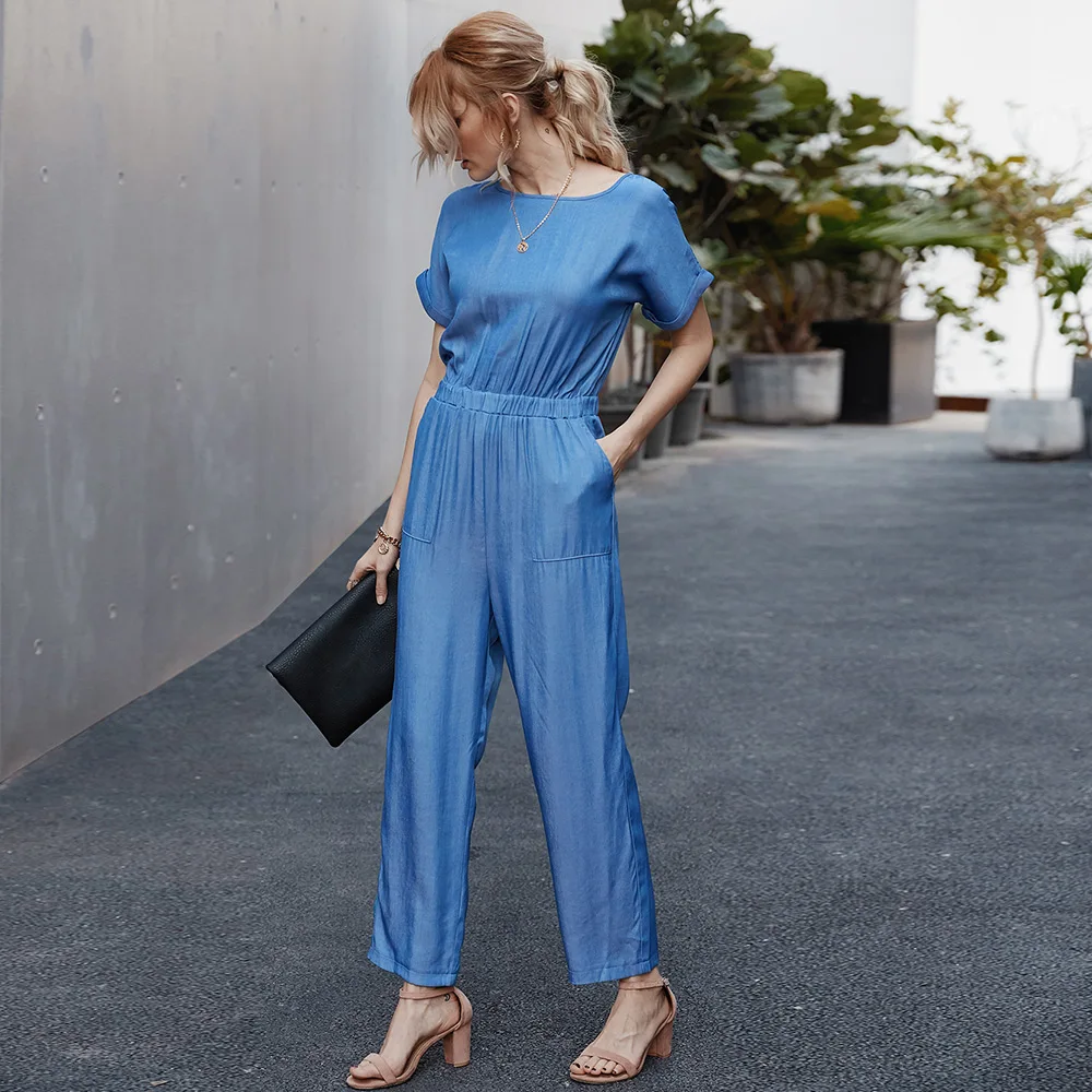 Jumpsuit Women 2020 Summer Short Sleeve Fashion Solid Casual Overalls Autumn Office Lady Straight Leg Rompers Women's Jumpsuit