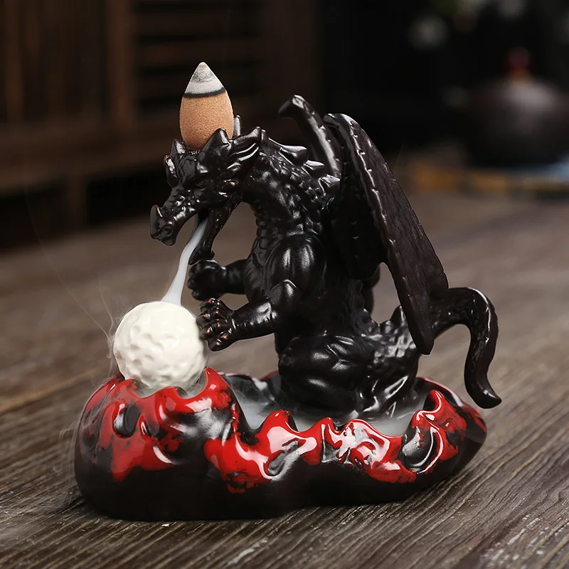 

Ceramic Flying Dragon Backflow Incense Burner Living Room Feng Shui Decor Smoke Waterfall Incense Holder with 7-color LED Change