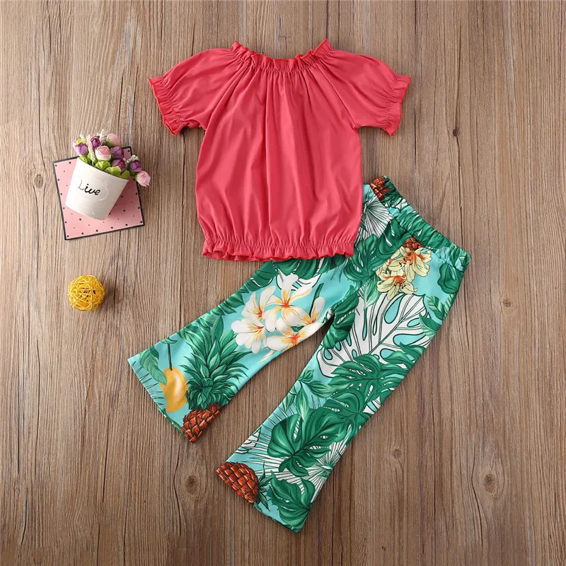 

2020 Fashion Kids Baby Girl Clothes Set Toddler Off Shoulder Solid Shirt Top+Floral Legging Flare Pants Set Holiday Outfits 2Pcs