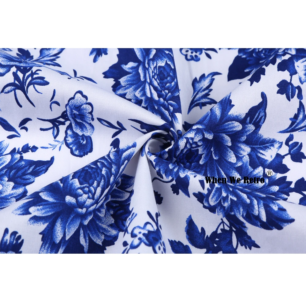 

2021 Women Blue White Cotton Vintage Floral Skirt Faldas SS0012 Clothes Plus Size Jupe with Pockets Pleated Skater Midi Skirt