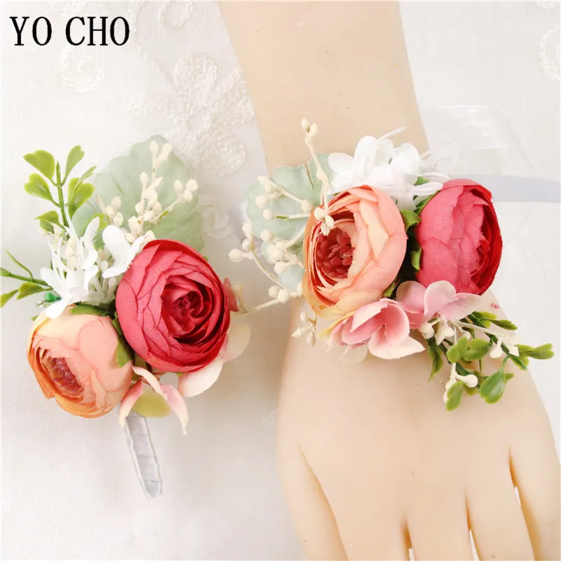 

YO CHO Flower Boutonniere Girl Wrist Corsage Groom Brooch Pins Wedding Boutonniere Red Silk Rose Wedding Planner Corsage Flowers