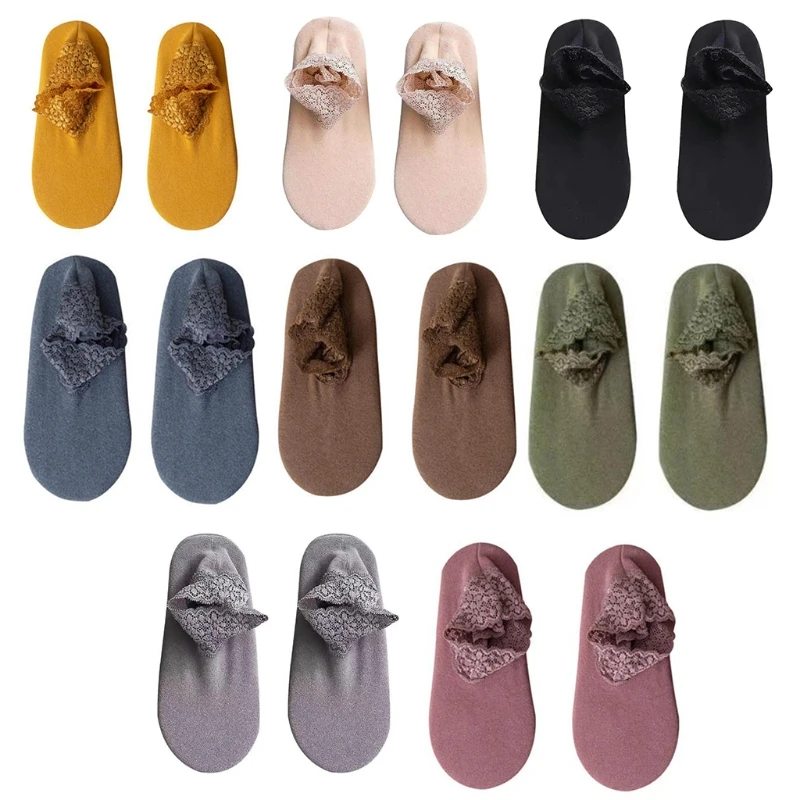 

P8DB женские зимние толстые теплые бархатные короткие носки с нескользящей Силиконовой рукояткой милые цветочные кружевные лоскутные манже...