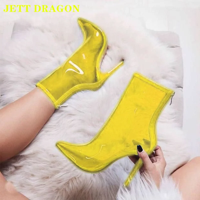 

JETT DRAGON/2021 г. Новые прозрачные полусапожки на тонком высоком каблуке с острым носком пикантные Модные женские ботинки телесного цвета женски...