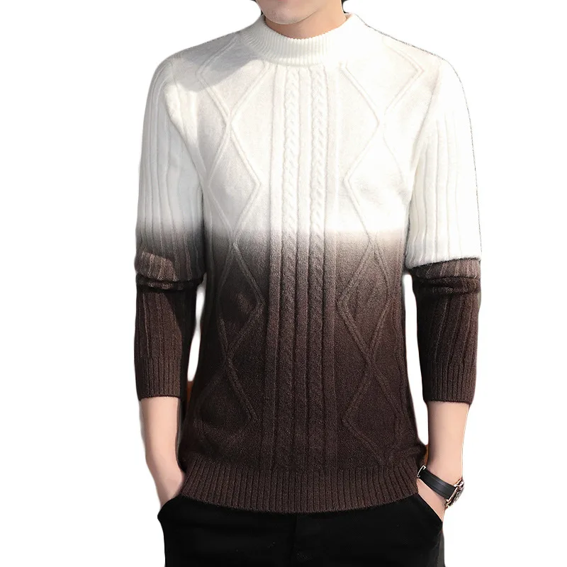 

2021 Men's Autumn and Winter New Gradient Color Mock Neck Sweater Teenagers Cable-Knit Pullover Thick Sweater