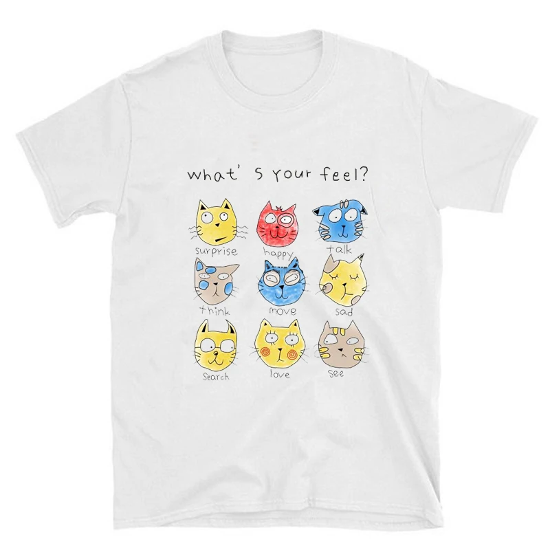 

1pcs Womens Casual T Shirt Feel Yourself Cat Painting T-shirt New Cute Female Top Tees Harajuku Tshirt