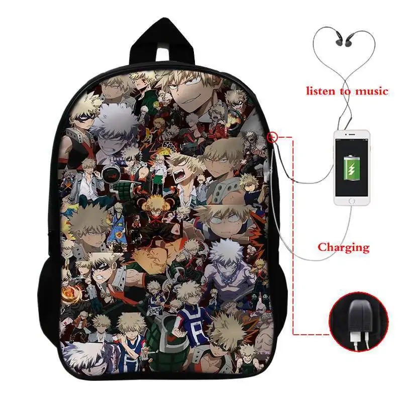 

My Hero Academia Backpack Bakugou Katsuki School Bags Multifunction USB Charging Backpacks Boy Girl Book Bags Headphone Knapsack