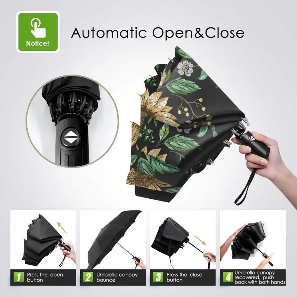 Ветроустойчивый полностью автоматический зонт с вышивкой Подсолнухи и бабочка