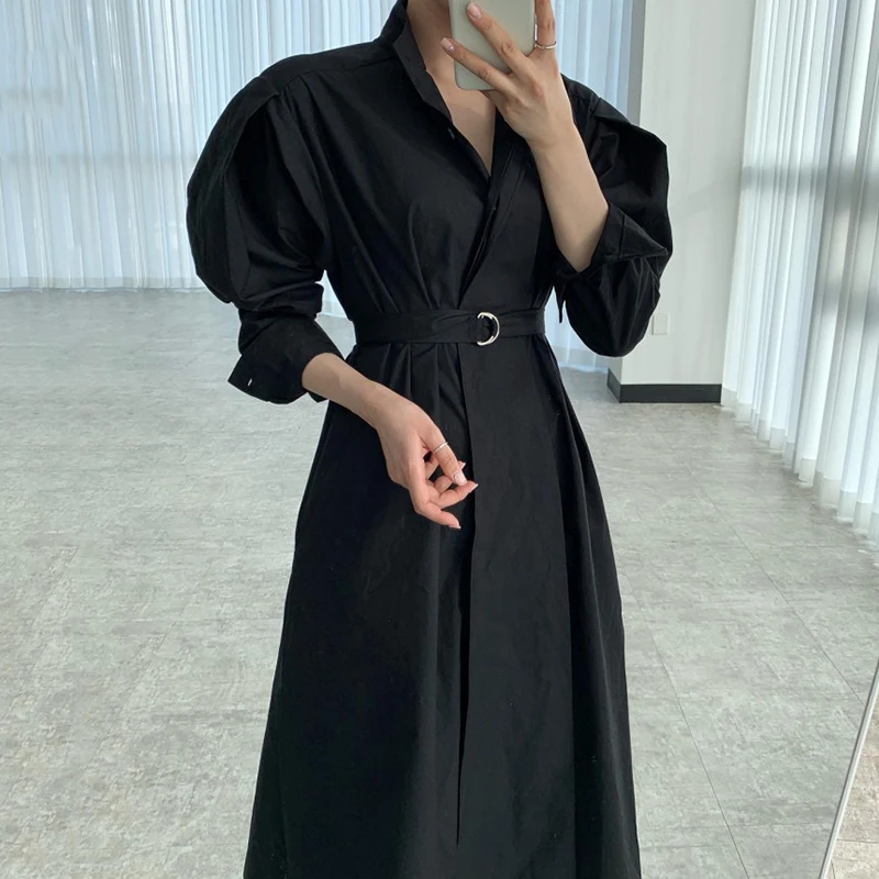 

2021 Elegant Single Breasted Women Dress Korea Chic Belt Slim Waist Dresses New Puff Sleeve Causal Vestidos Mujer