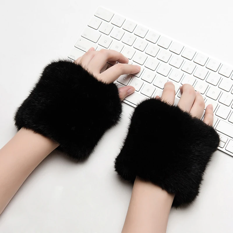 

Winter Fashion Mink Gloves Female Keep Warm Half Finger Mittens Natural Fur Elastic Knitted S8646
