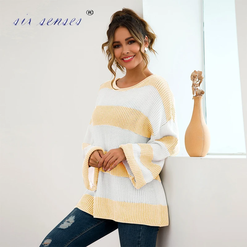 Ladies sweater long sleeve round neck pullover stripe color matching autumn and winter six senses | Женская одежда
