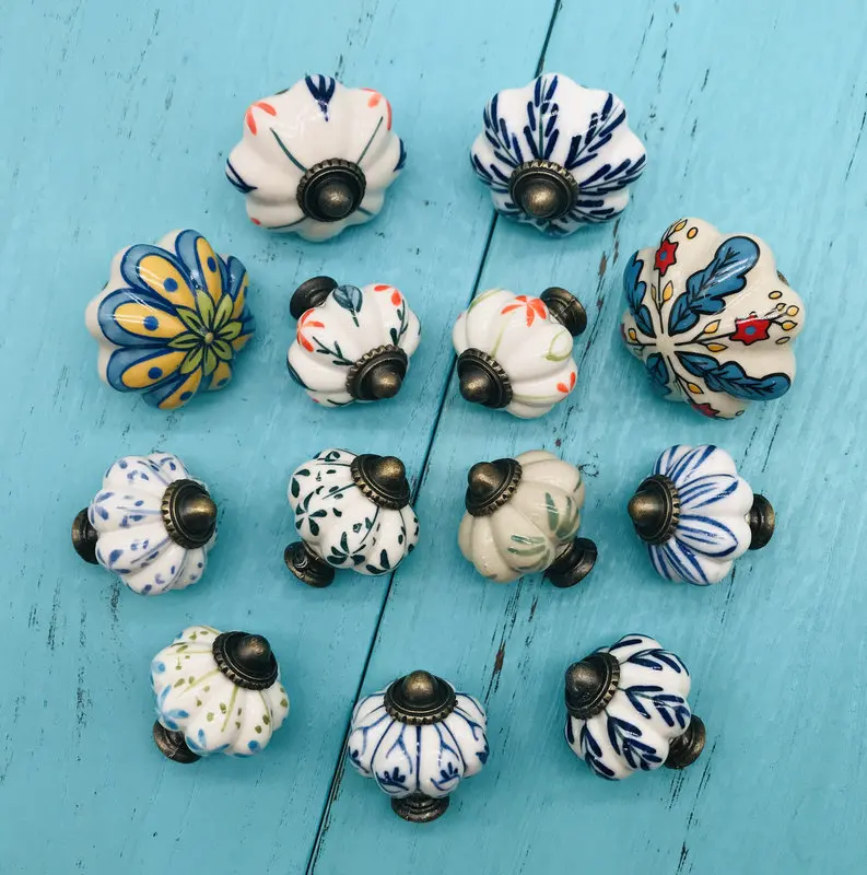 Мульти Цвет Керамика дверная ручка 1 шт. ручной работы тыквы ручки шкафа с синий и