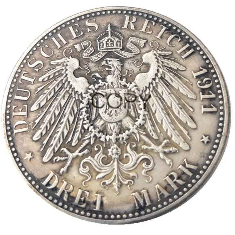 Германия, Anhalt 3 Mark 1911 Friedrich II Посеребренная копия монеты