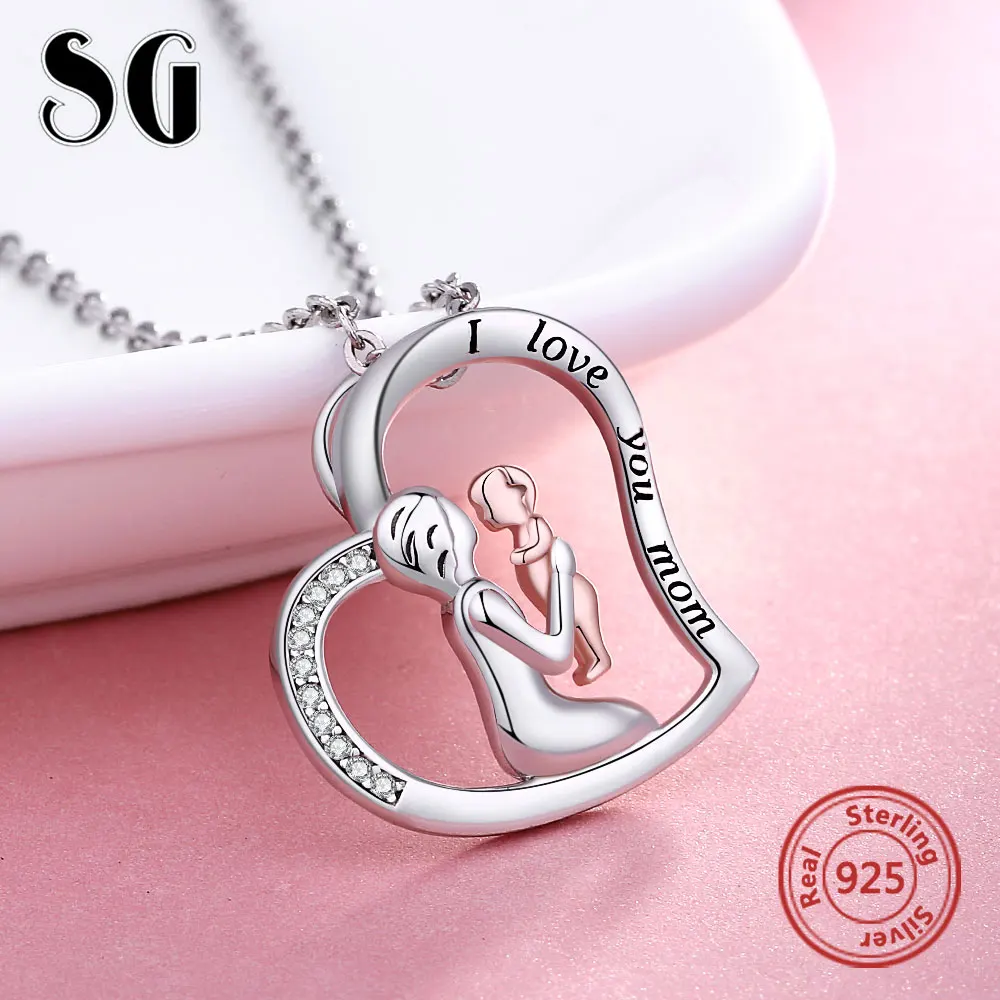 

Mom Holding Newborn Baby Necklace 925 Sterling Silver Heart Rose Gold CZ Pendant Chain For Women 2021 Fine Jewelry Mother's Gift