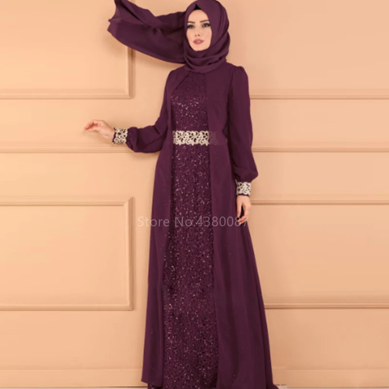 

2pcs Muslim Fashion Women Abaya Elegant Slim High Waist Party Wedding Islamic Dubai Turkish Sequin Retro Chiffon Hijab Cardigan