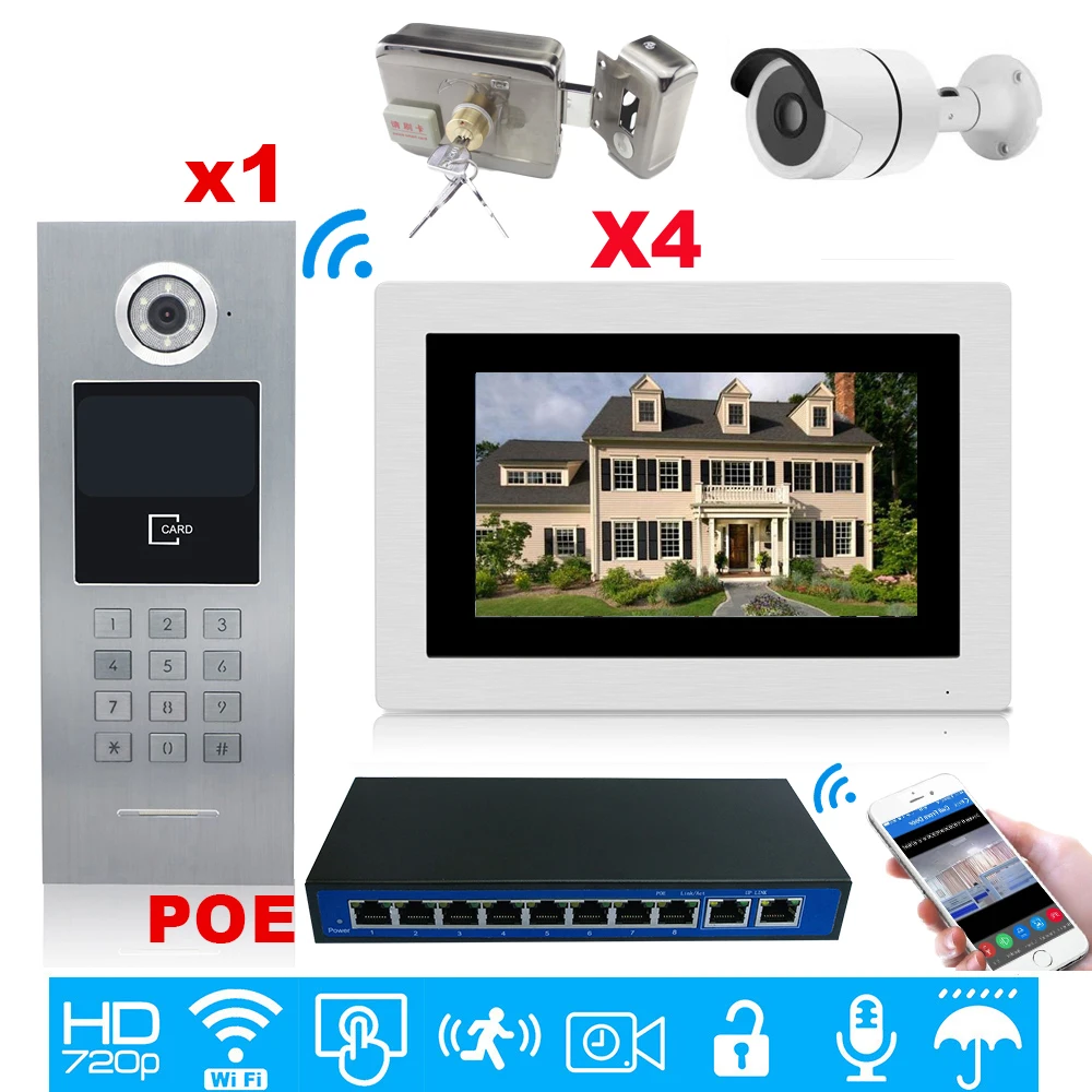 WiFi IP Video Door Phone Video Intercom Mobile App 4 Apartments Home Access Control System+IP Camera+Electronic Locks+POE Switch