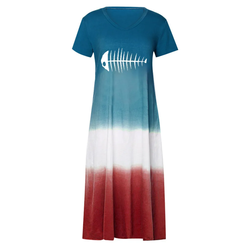 Женское платье макси в полоску с принтом рыбки большие размеры повседневное