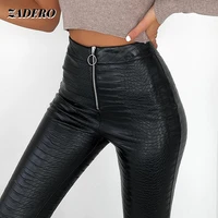 fashion pu leather zipper pencil pants high waist casual crocodile pattern leather pants women slim black punk metal streetwear