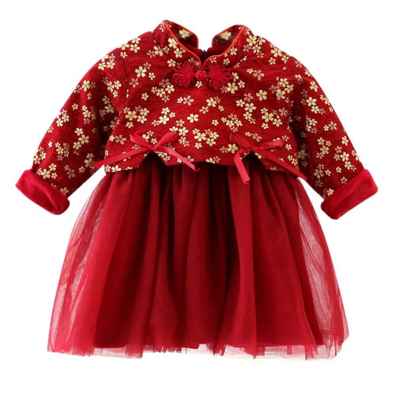 2020 г. Новогоднее платье для девочек детское модное Сетчатое в китайском стиле