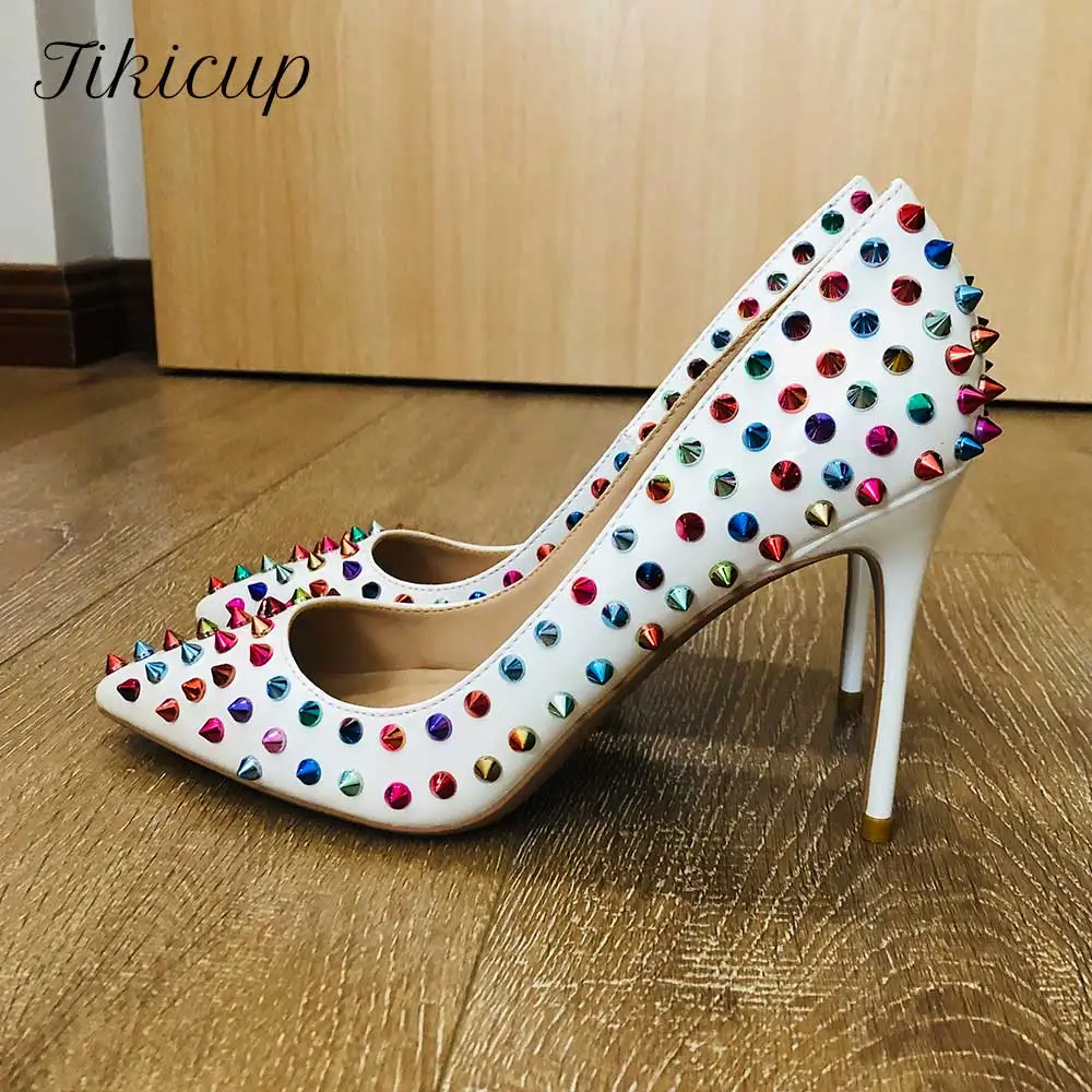 

Tikicup Colorful Spikes Women White Patent Stiletto Pumps Pointed Toe Slip On High Heels with Studs Sexy Rivets Party Shoes