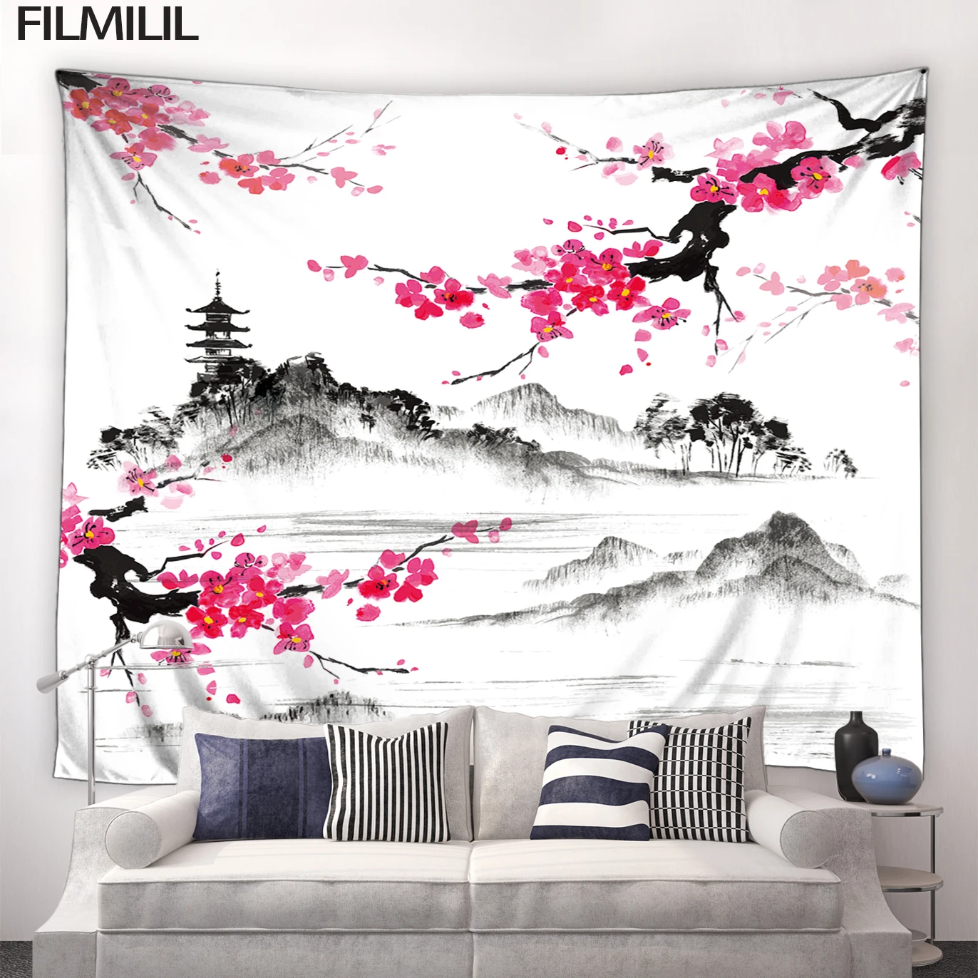 

Ink Landscape Tapestry 3D Red Plum Blossom Bamboo Chinese Style Tapestries Bedroom Home Wall Hanging Mural Screen Beach Blanket