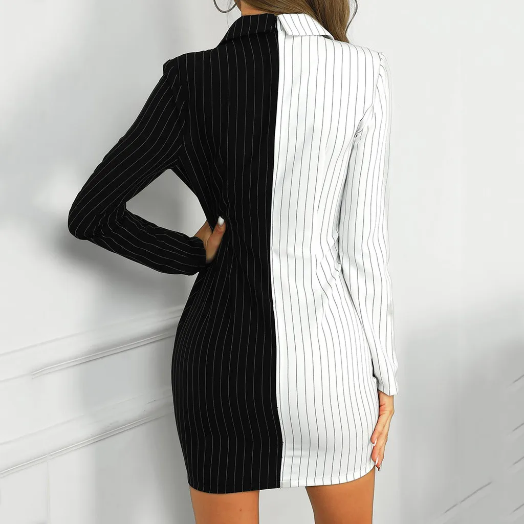 Women's Dress Turn Down Neck Long Sleeve Buttons Striped Patchwork Bodycon Blazer Jacket Office Ladies Work Vestidos | Женская