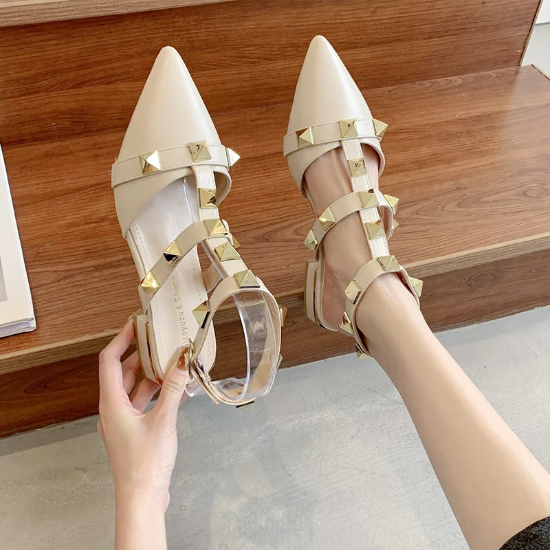 

Pointed Heel Sandals Black Shoes for Women 2021 Summer Buckle Strap Shallow Mouth Beige Block Girls Fashion Spring Clear Comfort