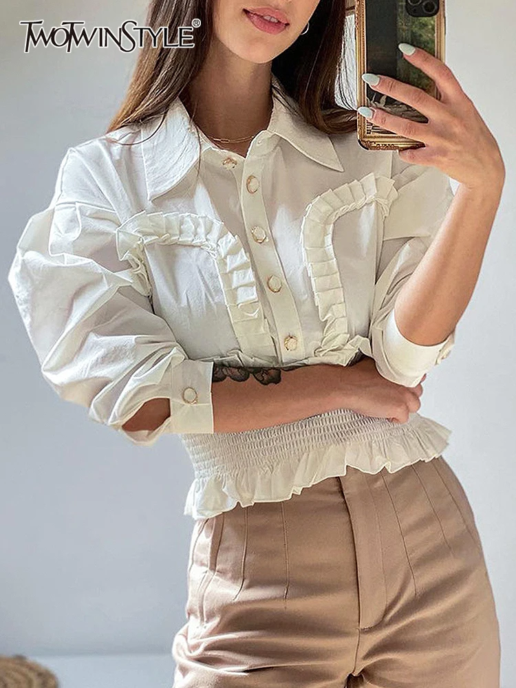 

TWOTWINSTYLE White Casual Blouses For Women Lapel Loose Puff Long Sleeve Single Breasted Open Stitch Female 2021 Autumn Clothing