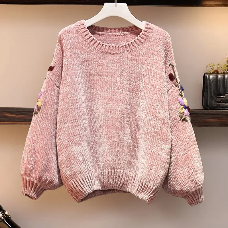 Женский трикотажный костюм с цветочной вышивкой и рукавами-фонариками Свободный