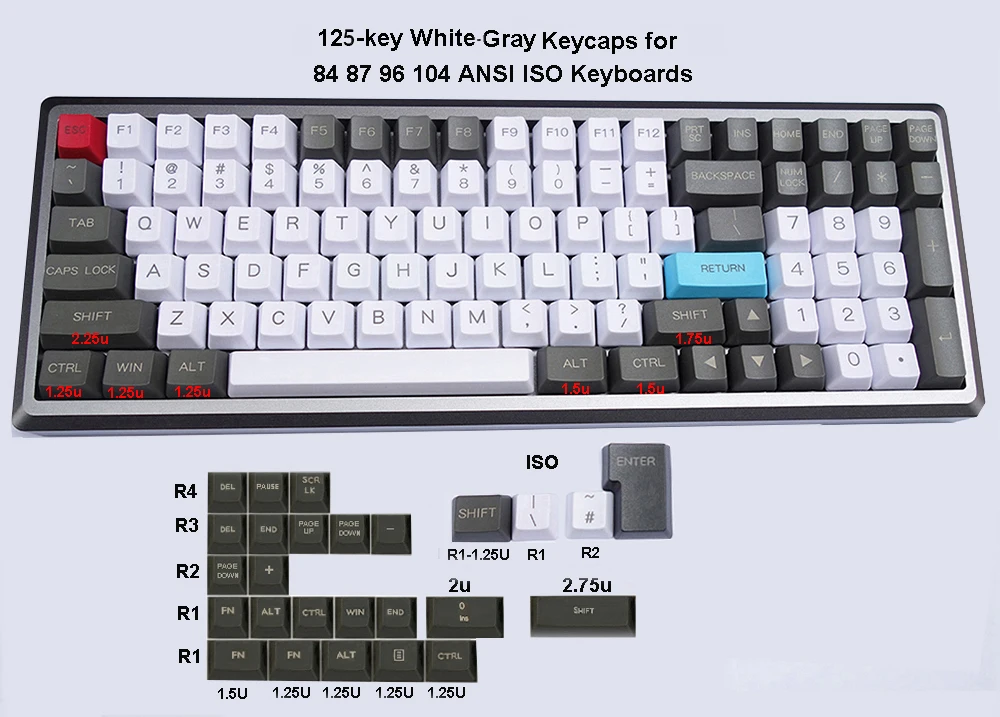 Механическая клавиатура 125 клавиши ANSI ISO PBT Keycaps OEM профиль Dolch Carbon для